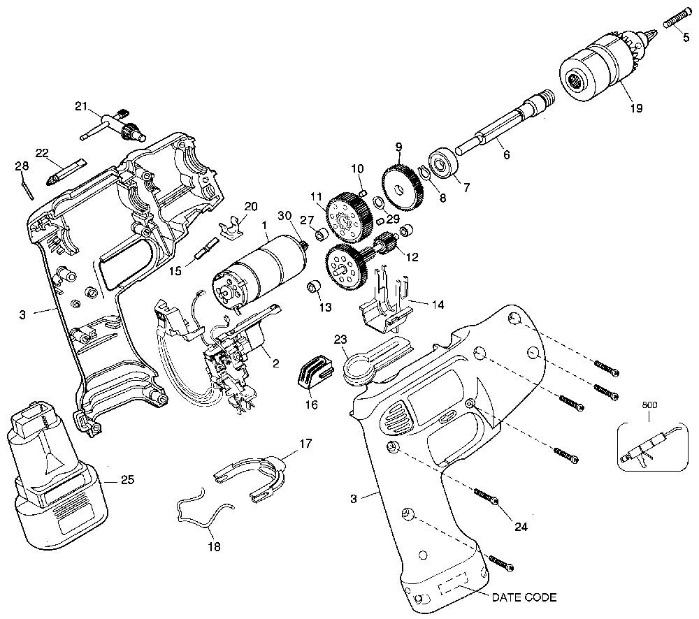 Exploded Diagram A Diagram and Parts List for 1923K-50 Type 1 Black and Decker Cordless Drill